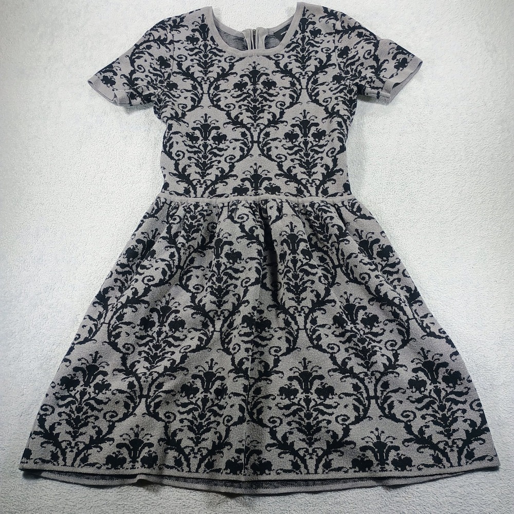 Romeo + Juliet Couture Womens Damask Fit Flare Dress Gray Black M Short Sleeve